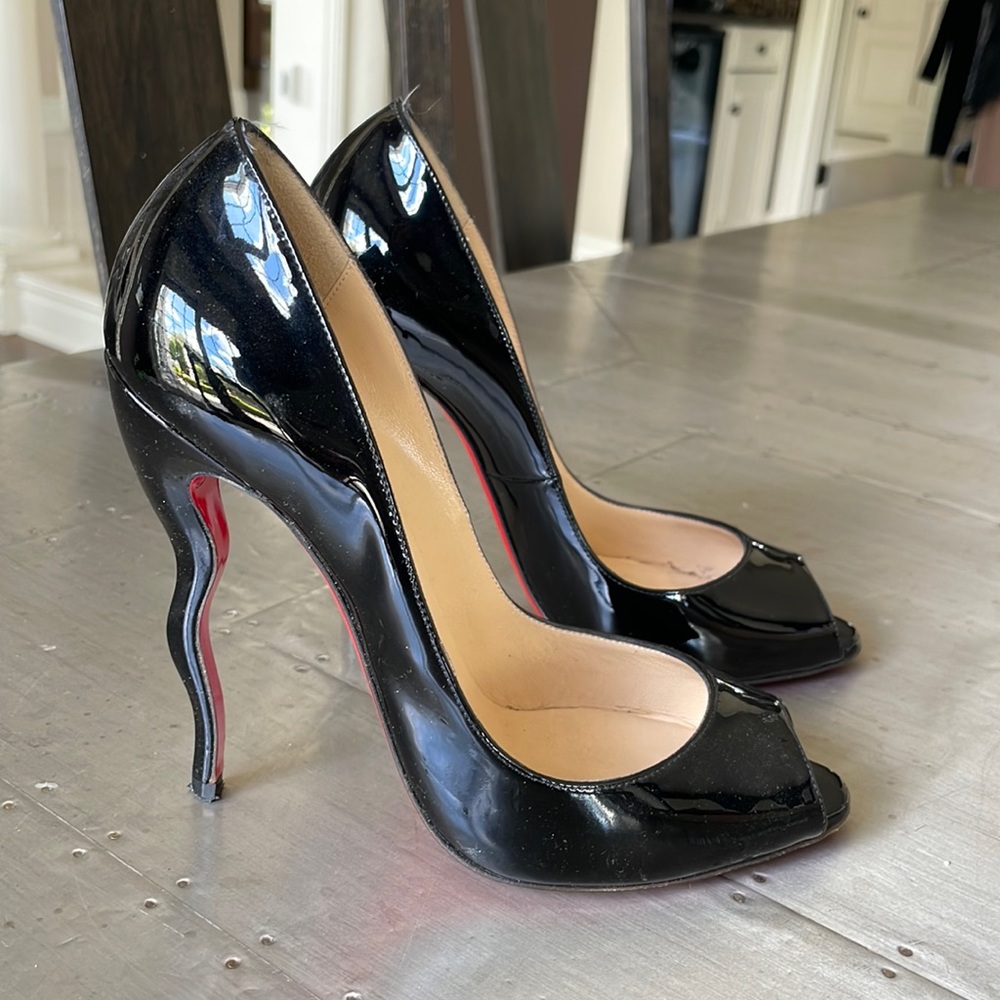 Christian Louboutin jolly b 120mm black patent wavy heel stiletto sz 38.5